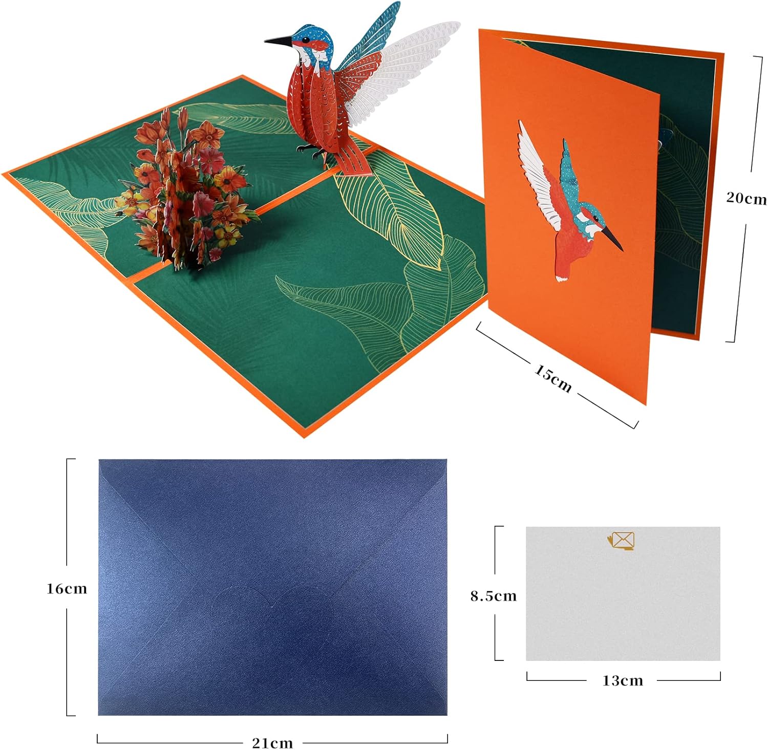 Colibri Memories 3D Popup Grußkarte mit Kolibri und Blumenmotiv in Orange und Grün
