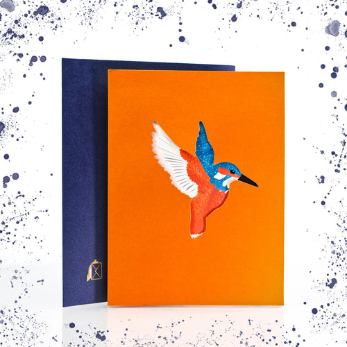Colibri Memories Postkarte mit buntem Kolibri Motiv und orangefarbener Vorderseite