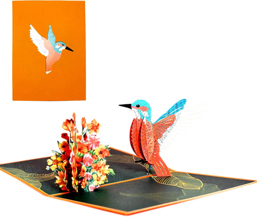 Colibri Memories 3D-Pop-up-Karte mit einem bunten Kolibri und Blumenarrangement auf schwarzem Hintergrund