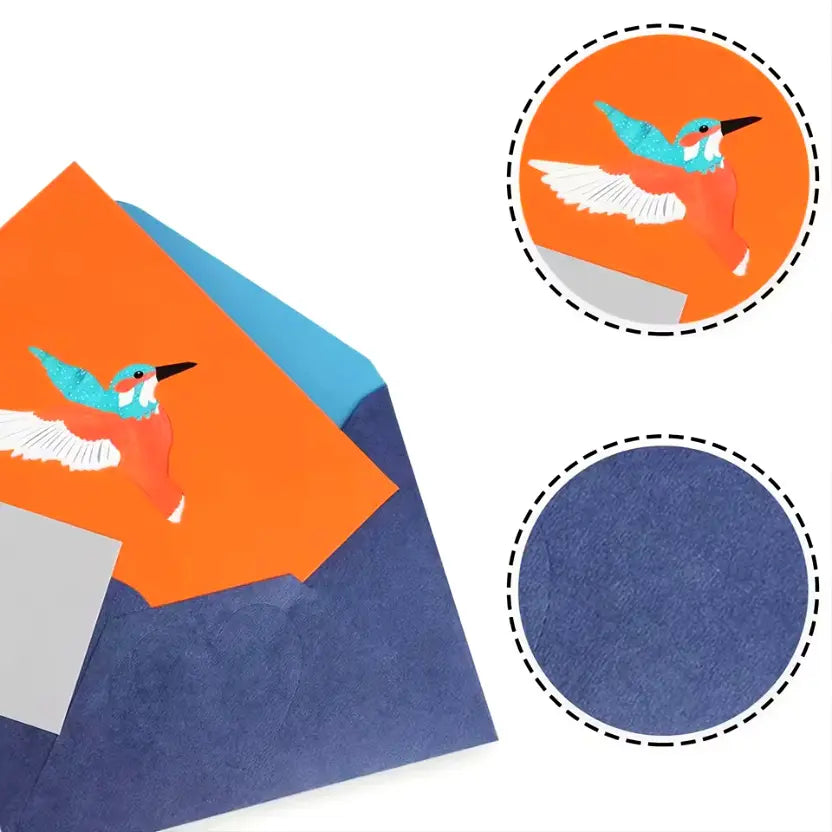 Oranger Brief mit blauem Kolibri-Motiv und blauem Umschlag von Colibri Memories